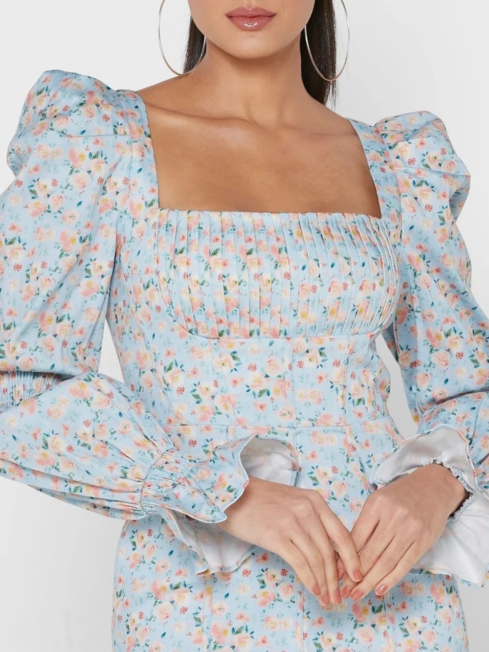 Lavish Alice Pastel Blue Floral Square-Neck Puff Sleeve Blouse US 6